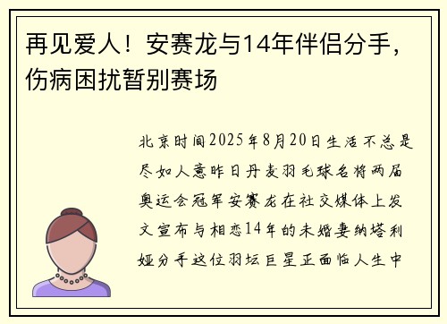 再见爱人！安赛龙与14年伴侣分手，伤病困扰暂别赛场