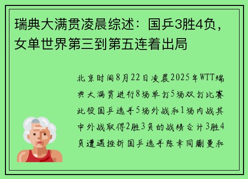 瑞典大满贯凌晨综述：国乒3胜4负，女单世界第三到第五连着出局